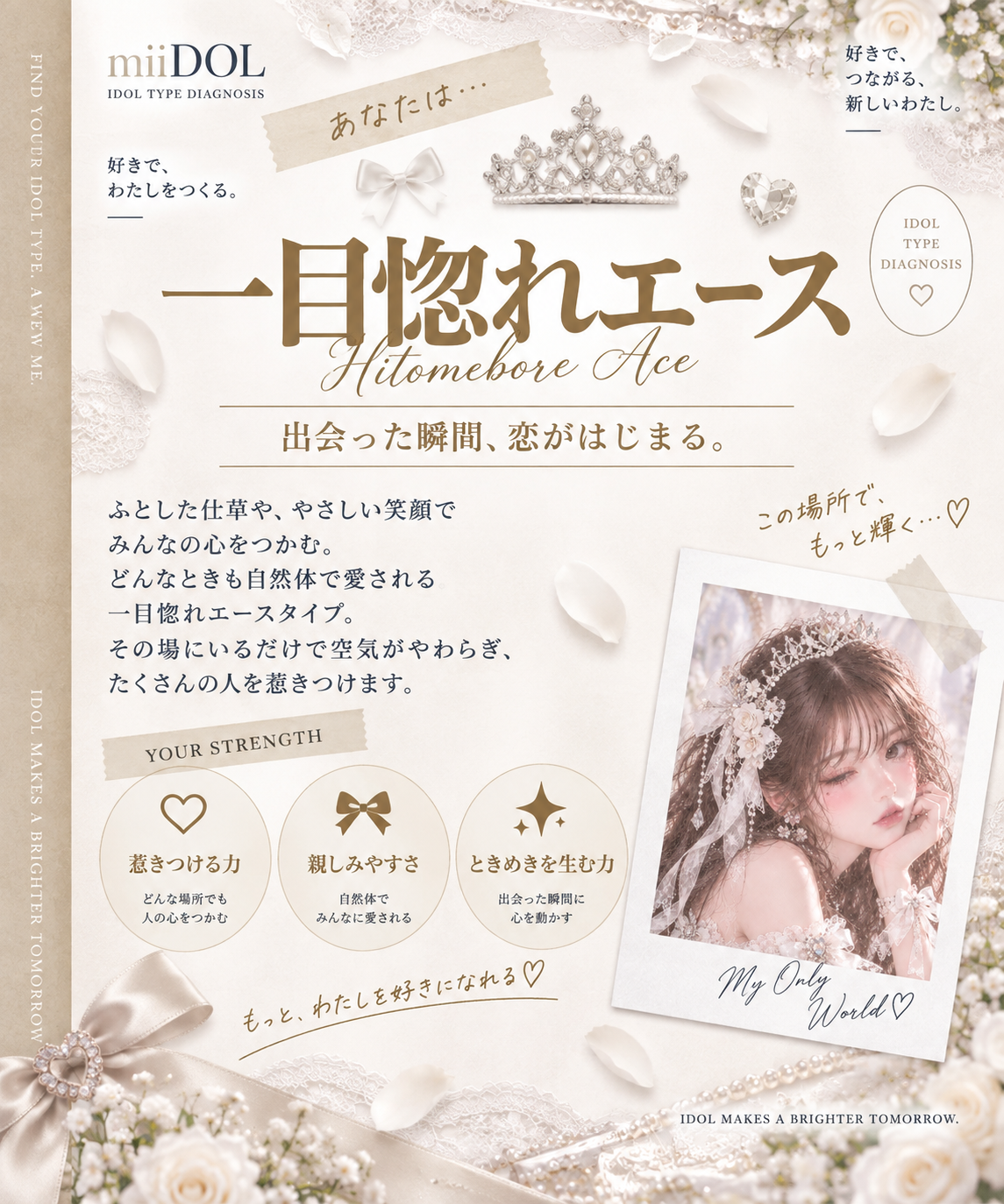 診断カードの挿絵「一目惚れエース」。ティアラと白い花に囲まれたアイドルプロフィール。