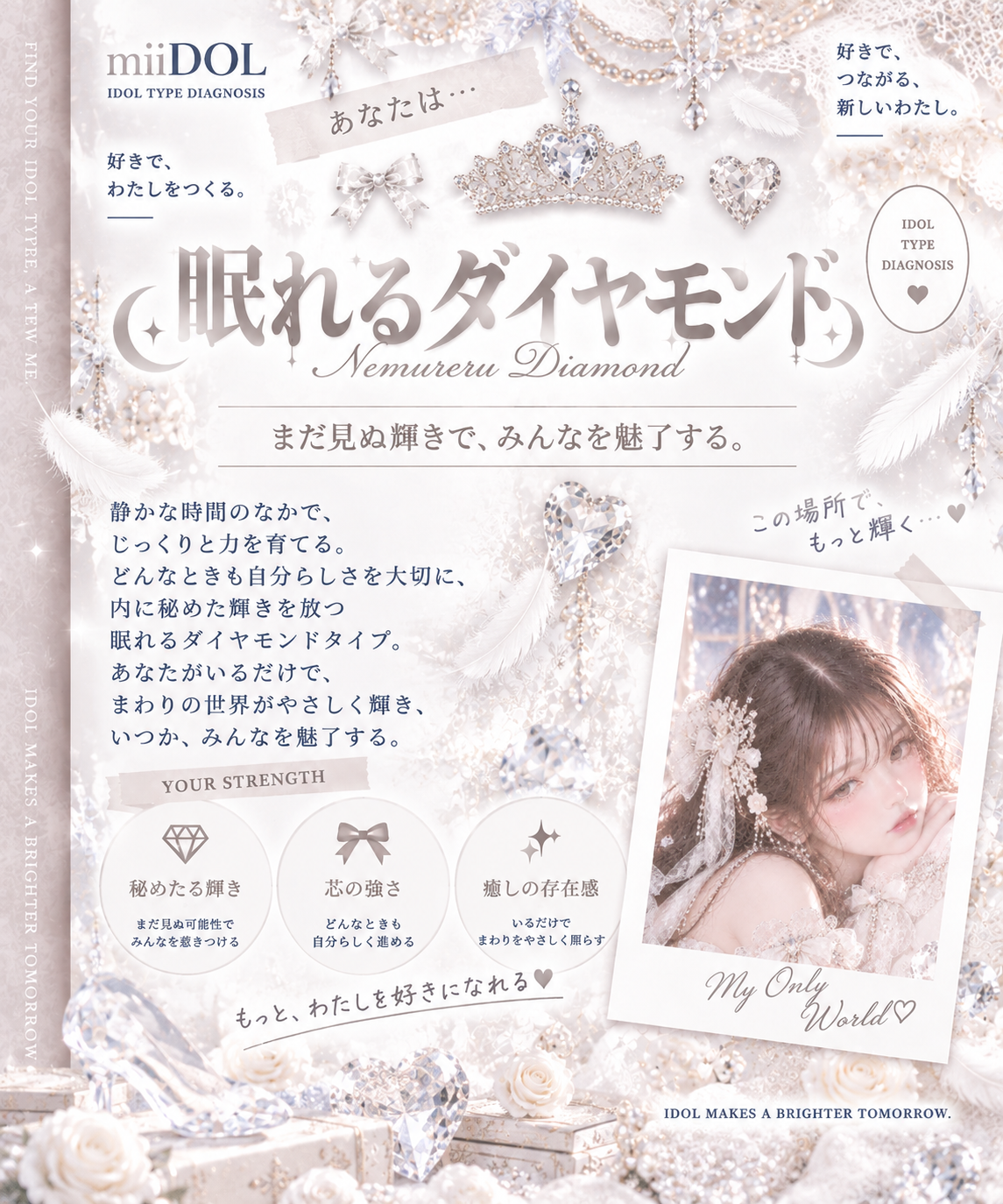 診断カードの参考イメージ「眠れるダイヤモンド」。白い宝石とレースをあしらったアイドルプロフィール。